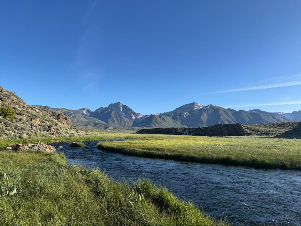 A scenic landscape photograph featuring a Hot Creek flowing through Hot Creek Ranch, a popular private fly fishing ranch that specializes in dry fly fishing.